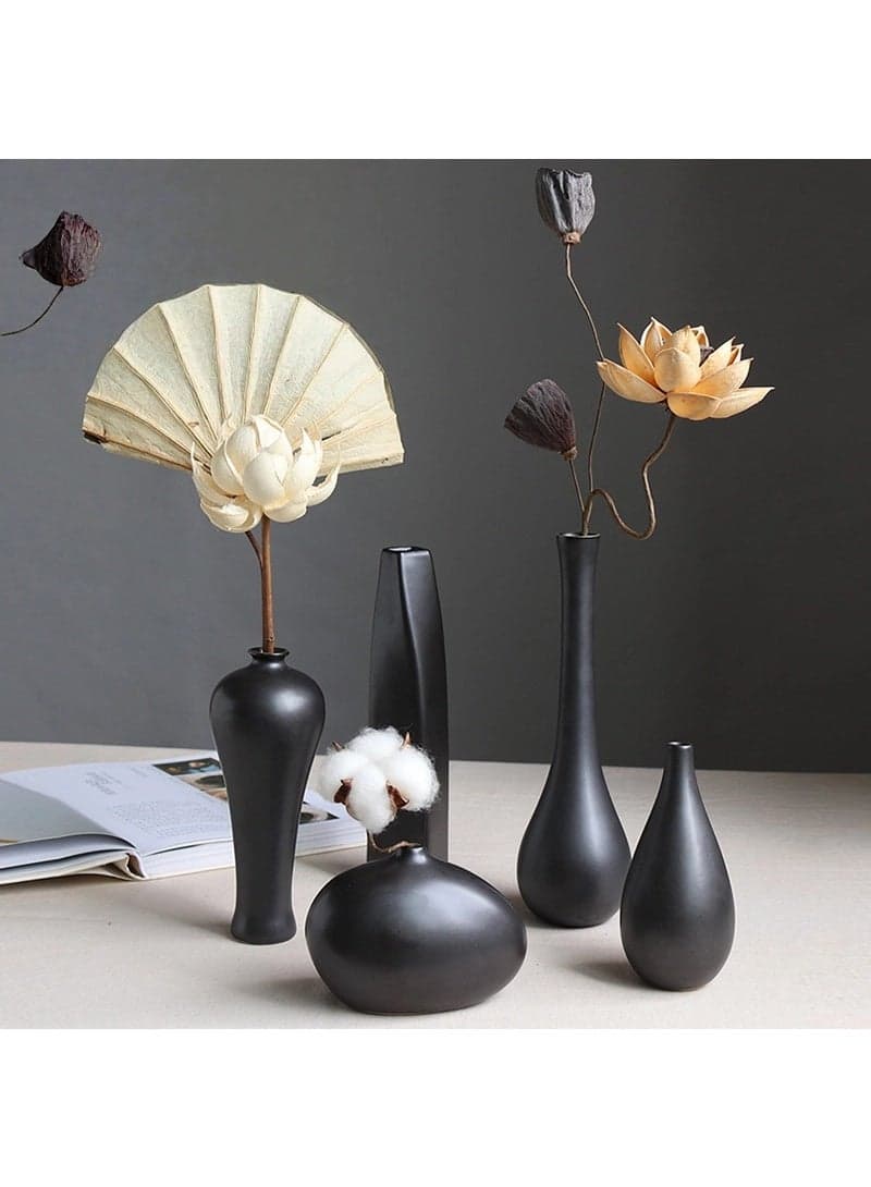 5 Piece Ceramic Vase Set with Unique Shapes Elegant Matte Black Collection for Stylish Home Decor and Artistic Floral Displays