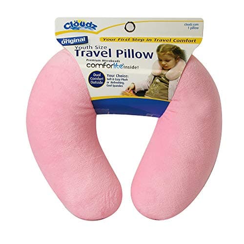 Cloudz Kids Dual Comfort Microbead Airplane Travel Neck Pillow. Super Soft Cozy Plush on One Side, Cool Relaxing Spandex on The Other! Keep Your Kids Comfy and Supported at Home or On The Go! - Pink