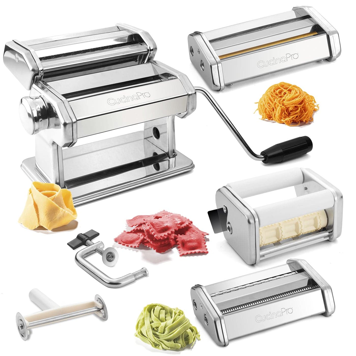Pasta Maker Deluxe Holiday Set Stainless Steel Machine w 3 Interchangeable Attachments Make 5 Different Pastas Spaghetti Fettuccini Angel Hair Noodle Ravioli Lasagnette Durable Cutters Xmas Gift