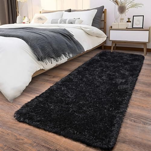 Ailyei Soft Runner Rugs for Bedroom Hallways, 2x6 Black Fluffy Shag Throw Area Rug Non Slip for Bedside Dorm, Long Shaggy Furry Carpet for Nursery Living Room