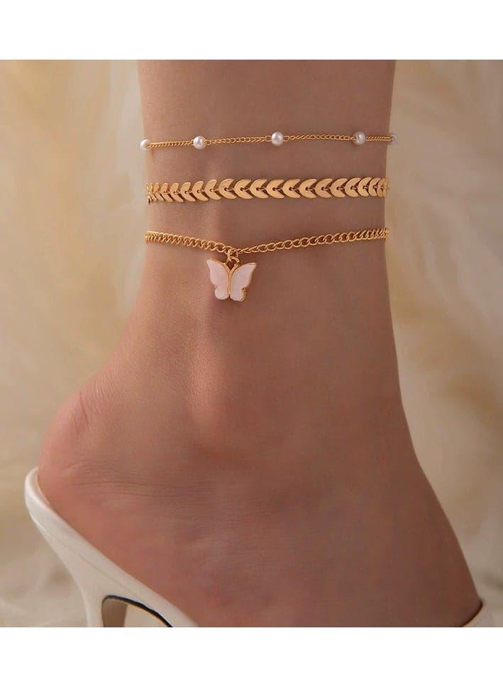 Minimalist erfly Pendant Multi-Layer Pearl Airplane Chain Anklet – Triple Layered Foot Jewelry for Women