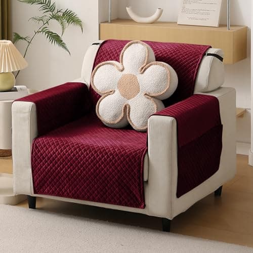 HOKIPO Quilted Velvet Sofa Cover with Pockets for 1 Seater, Sangria Red (IN-764)