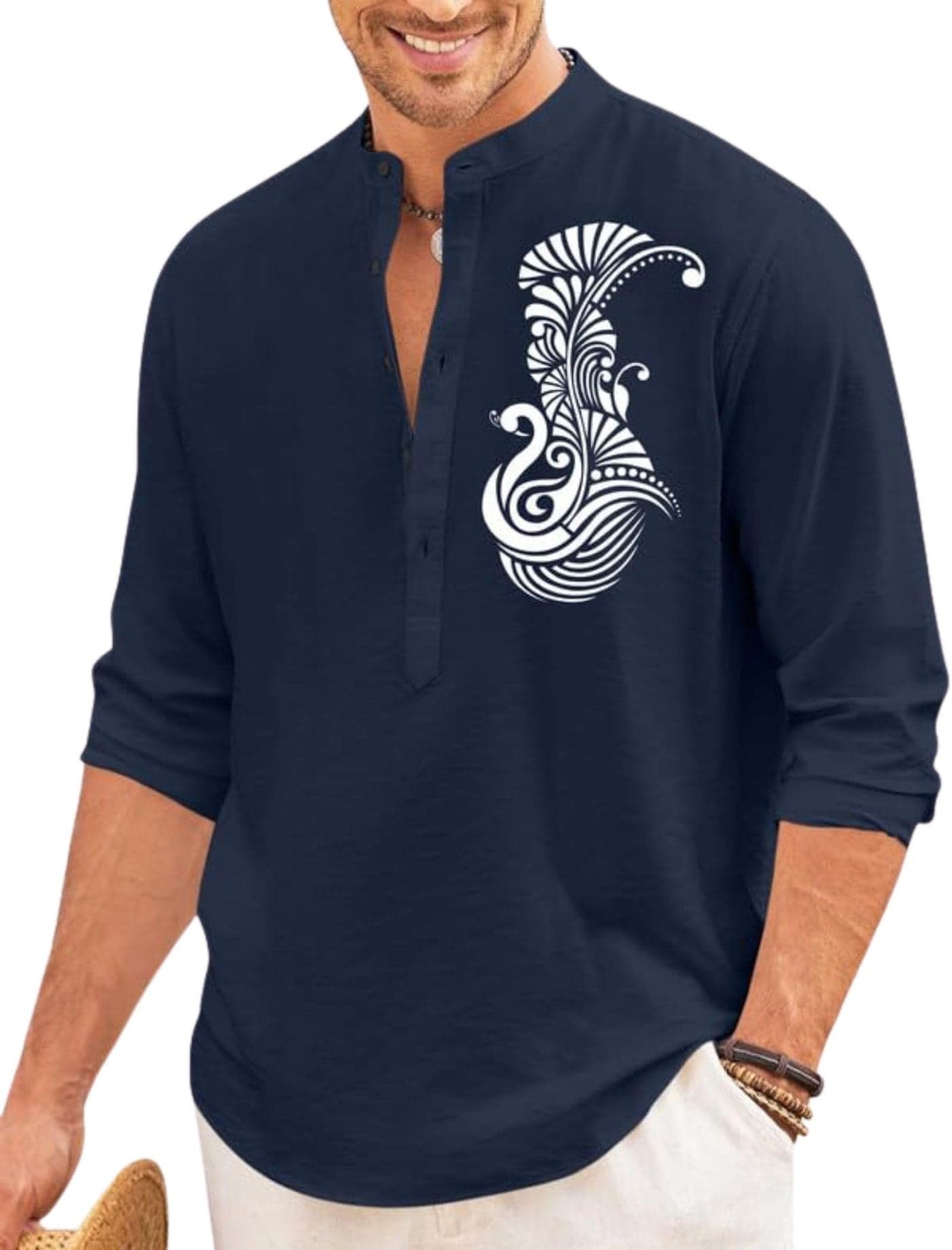 FINIVO FASHION Men’s Printed Cotton Blend Short Kurta with Artistic Chest Design | Stylish Full Sleeve Casual Kurta with Mandarin Collar for Daily, Travel Soft Textured Navy