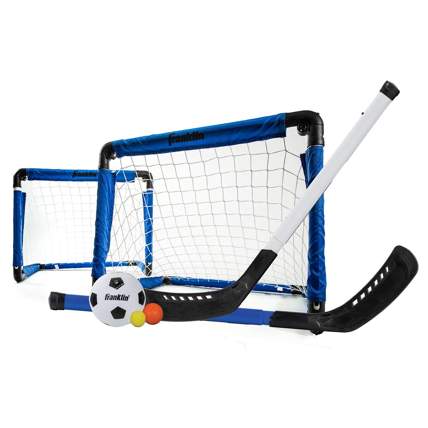 Franklin Sports Indoor Mini Goal Sports Set 3 in 1 Kids Indoor Goal Set Indoor Mini Floor Hockey Knee Hockey and Mini Soccer Set for Kids Blue 22 x 175Inch
