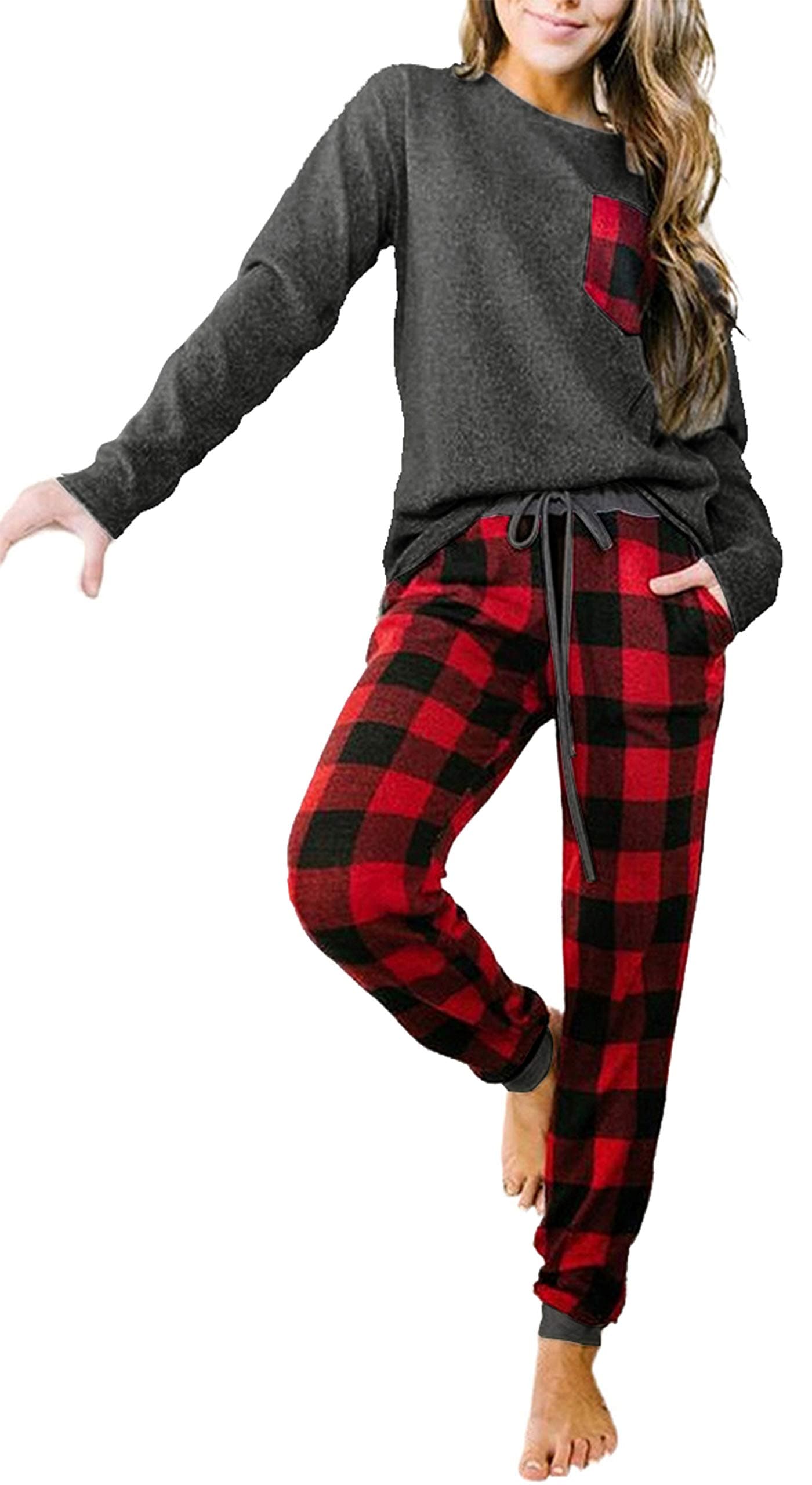 Artfish Womens Loungewear Outfits Pjs Long Sleeve Tops and Buffalo Plaid Joggers Pants Pajamas Set with Pockets BlackRed PlaidL