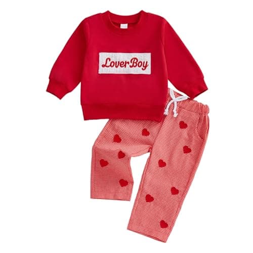 Kuriozud Toddler Baby Boy Clothes Outfit Valentines Day Sweatshirt Lover Boy Shirt+Waffle Knit Pant Set Clothing Fall Winter (Red Heart Lover Boy, 18-24 Months)