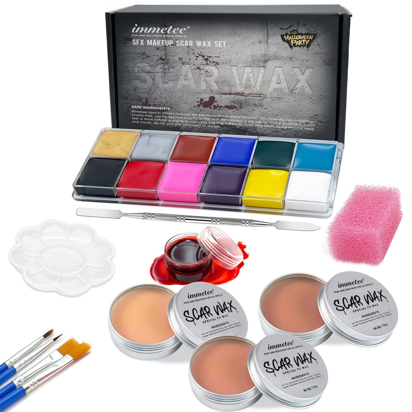immetee Scar Wax SFX Makeup Kit Face Body Paint Christmas Halloween Makeup Kit Fake Blood Painting Brushes Spatula Stipple Sponge Stage Theatrical Party Cosplay Carnival