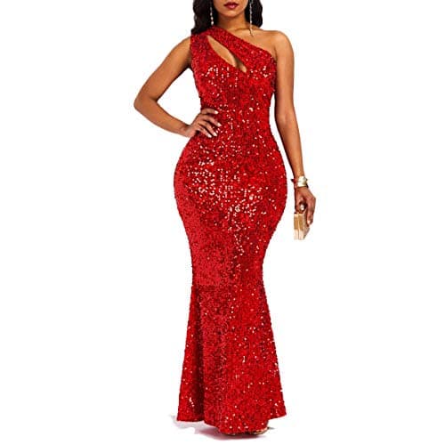 VERWIN Sequins Fashion Sleeveless Oblique Collar Mermaid Women's Maxi Dress Bodycon Dress Party Dress L Red
