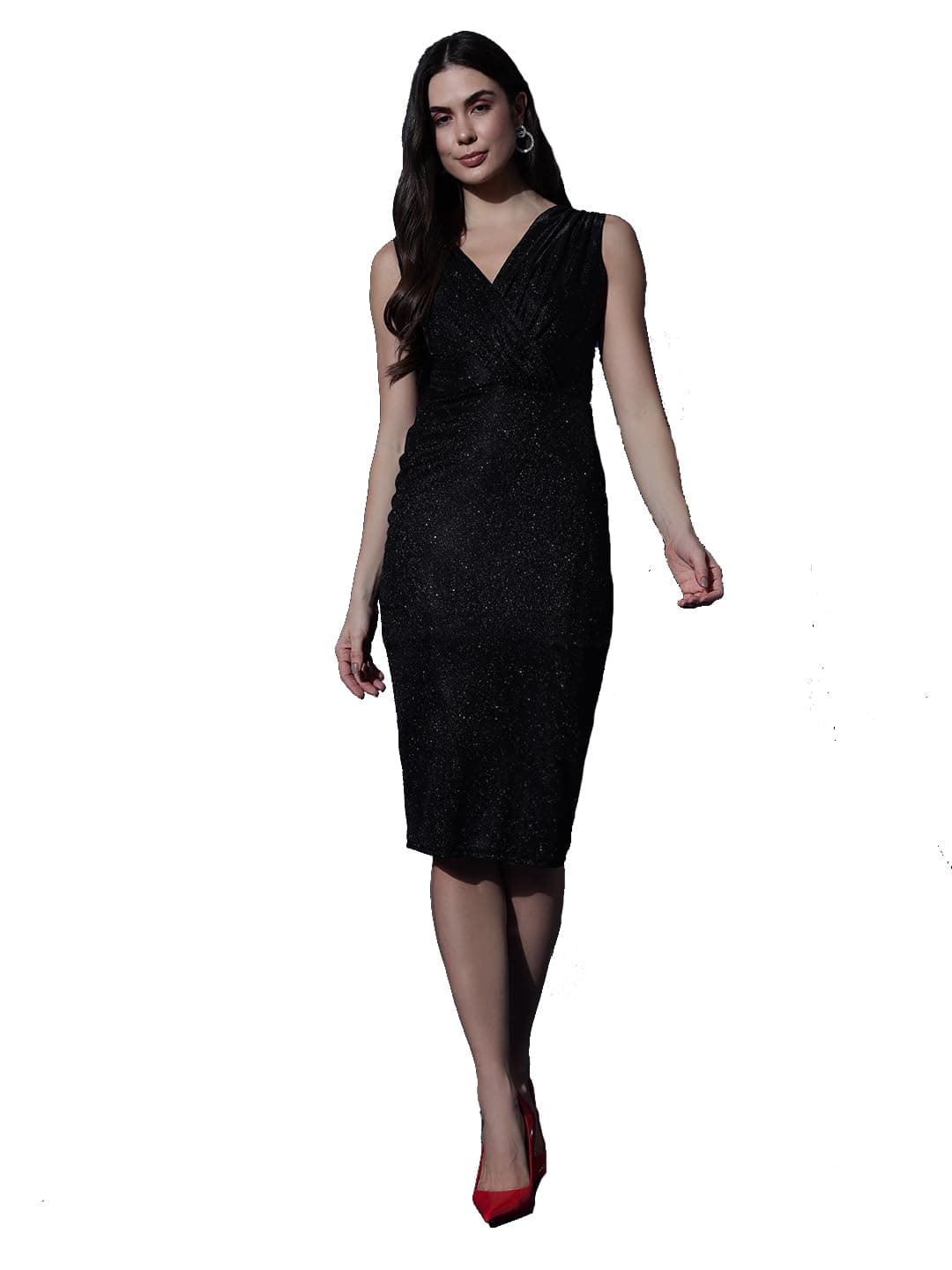 Vaararo Bodycon Glitter Sleeveless Dress for Women | Shimmer Sleeveless Midi Outfit with Ruched Detailing (Midnight Black Shimmer X-Large)