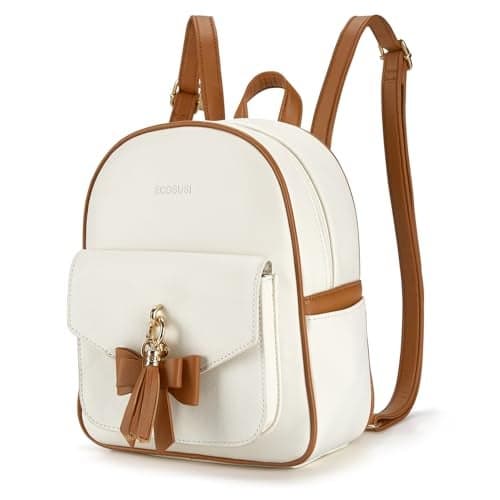 ECOSUSI Mini Backpack for Women Girls Cute Bowknot Small Backpack Purse Ladies Leather Bookbag Satchel Bag, with Charm Tassel White&Brown