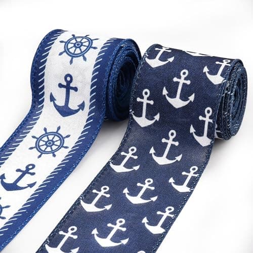 Estivaux 2 Rolls Summer Craft Ribbons for Wreath Bows 2510 Yards Wired Edge White Blue Burlap With Ship Rudder for Crafting Sewing DIY Supplies