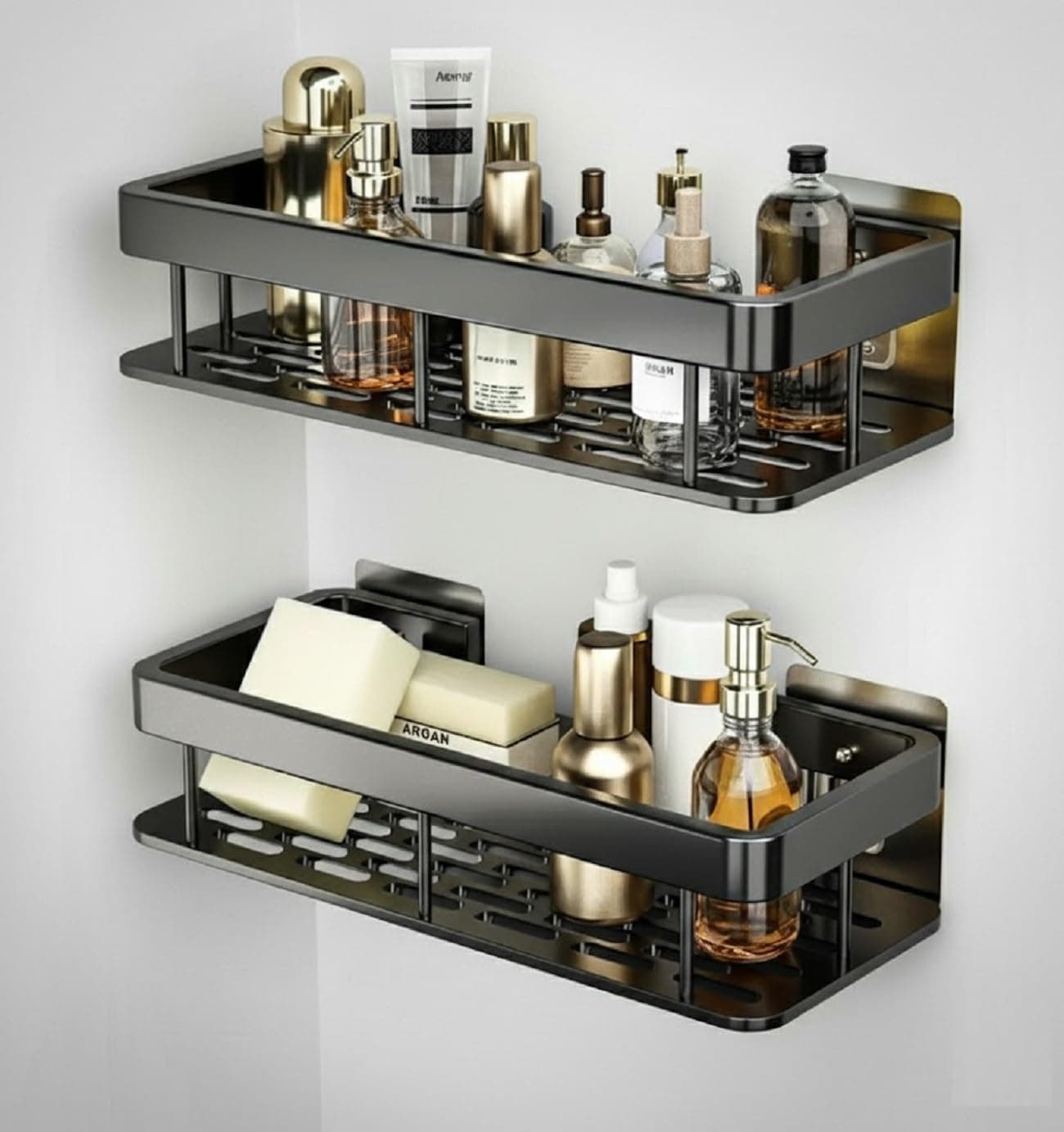 Hasselt 2-Pack Aluminium Self Adhesive Bathroom Shelf Organizer – Wall Mounted, Organiser Without Drill, Floating Storage Rack Holder Stand for Bathroom, Kitchen Accessories - Large Capacity Rustproof
