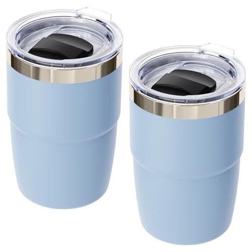 Cafezi 8 oz Small Coffee Cup with Magnetic Lid, Ceramic-Lined 18/8 Stainless Steel, Double-Wall Vacuum Insulated, Stackable, Dishwasher Safe, Mini Tumbler for On-the-Go, 2 Pack, Pastel Blue