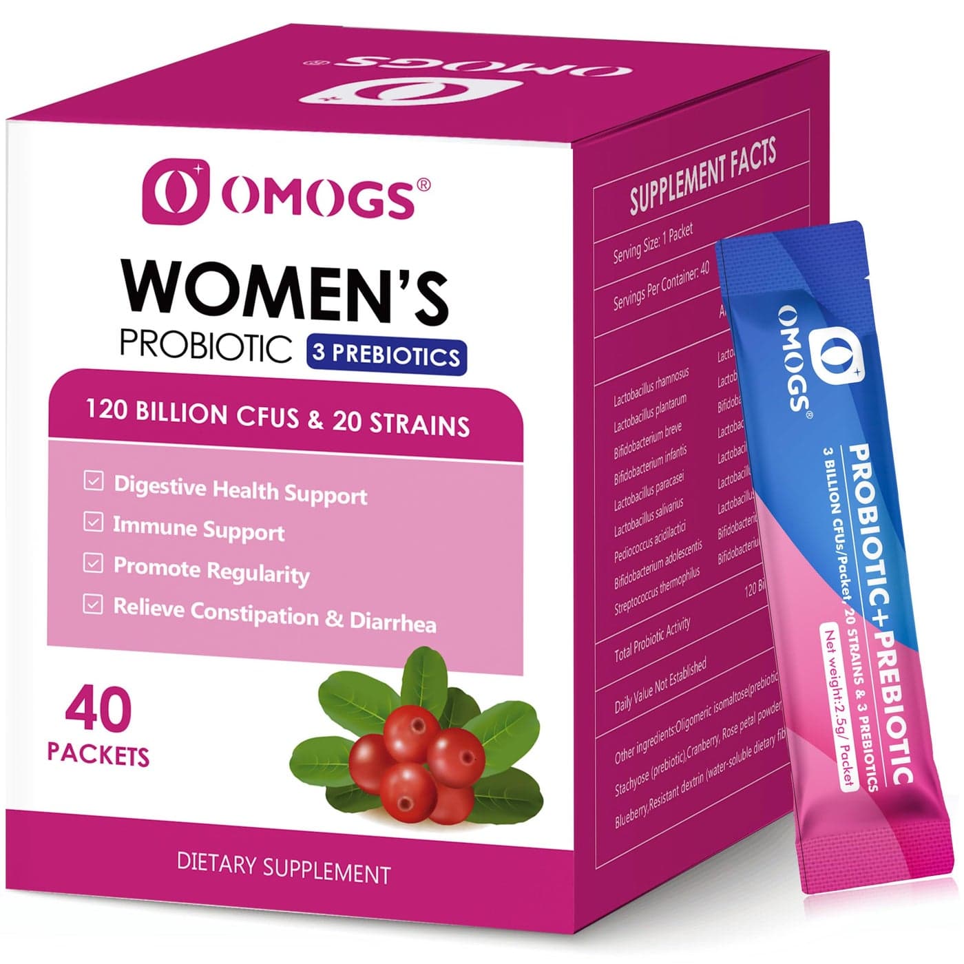 OMOGS Womens Probiotic120BillionCFUs 18 Strains with 3 Prebiotics and Cranberry Extract Help for Immune Booster Digestive Health Gut Health and Vaginal Health