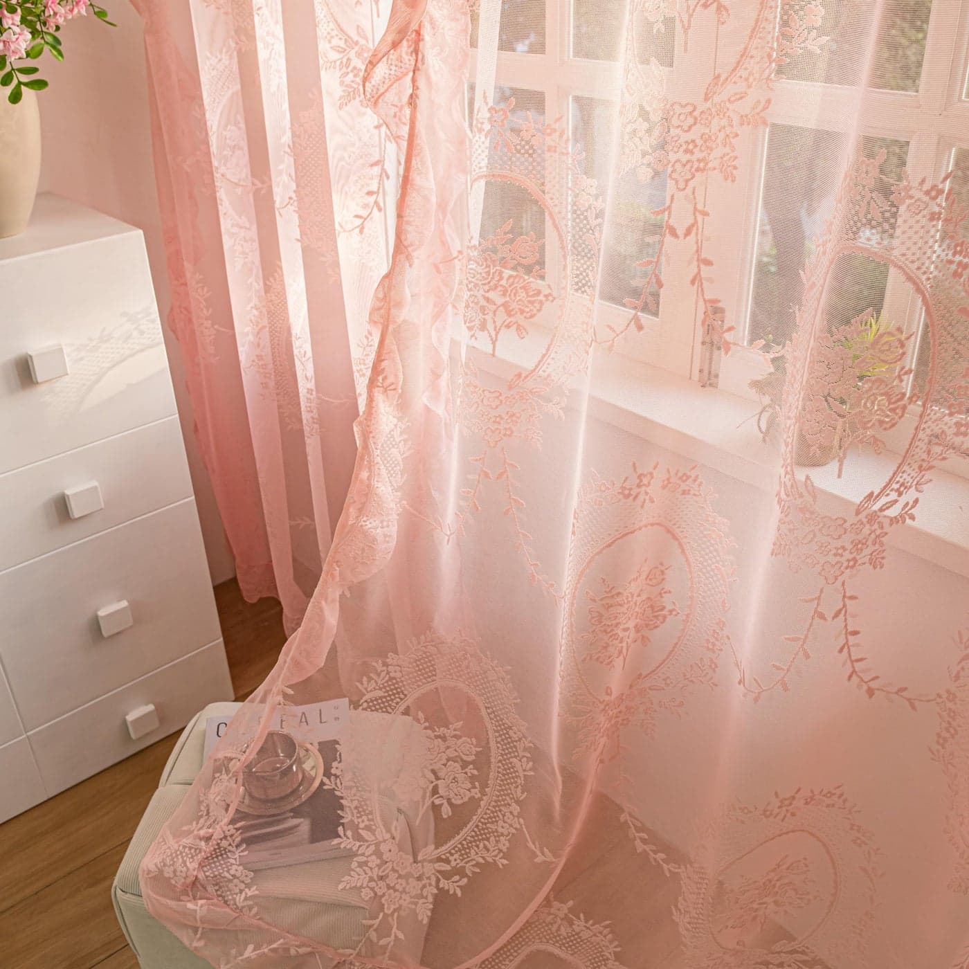 Sutuo Home Pink Lace Curtains 96 Inches Long 2 Set Sheer Panels Rose Floral Embroidery Ruffled Vintage Voile Window Treatment Pair for Girls Bedroom Living Room Rod Pocket W57 x L96