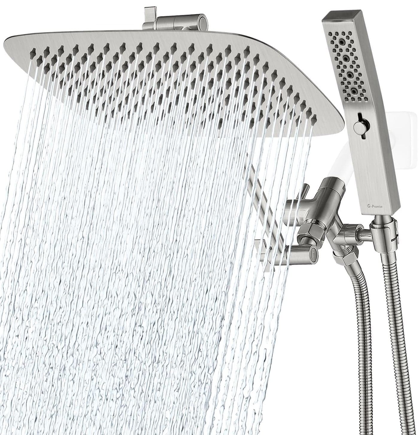 GPromise All Metal 12 Inch Dual Square Shower Head with Handheld Spray Combo Rain Shower Head Adjustable Extension Arm 3Way Diverter 71 Inch Extra Long Hose A Bathroom UpgradeBrushed Nickel