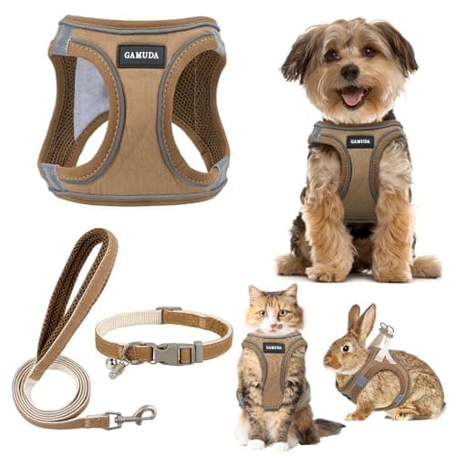 GAMUDA Small Pet Harness Collar and Leash Set, Step in No Chock No Pull Linen Fabric Soft Mesh Dog Vest Harnesses Reflective for Dogs Puppy Cats Kitten Rabbit (Brown, L)