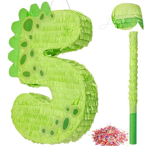 Poen 16 Inch Dinosaur Piata Number 1 2 3 4 5 6 7 8 9 for Kids Birthday Party Cute Dino Piata with Blindfold Stick and Confetti for Boys Girls Dinosaur Birthday Animal Theme Baby Shower Decor5