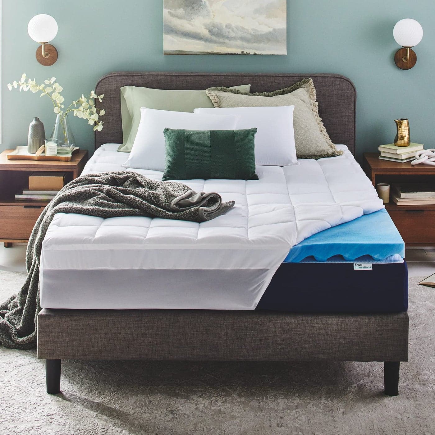 Sleep Innovations Dual Layer 4 Inch Memory Foam Mattress Topper King Size Ultra Soft Support 3 Inch Cooling Gel Memory Foam Plus 1 Inch Fluffy Pillow Top Cover