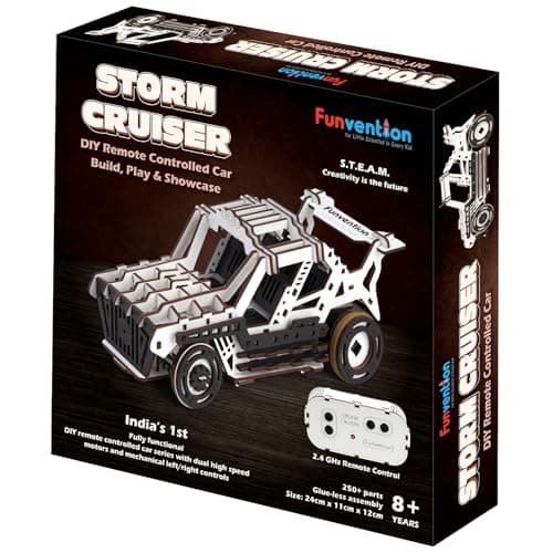 Funvention DIY Storm Cruiser Remote Controlled Car Kit | Build & Race Wooden RC Car Model | Glue-Less Assembly | Dual Motors, 2.4GHz Remote, Rechargeable Battery | STEM Learning Toy for Kids 8+
