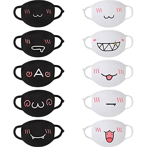 Zhanmai 10-Piece Kawaii Anime Face Masks, Cute Reusable Washable Mouth Covers, Black and White (Cute Style)