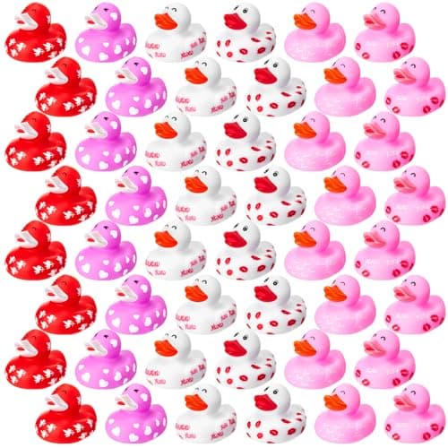 Foilswirl 48 Pcs Valentine Rubber Ducks Accessories 22 Inch Heart Valentines Day Duck Mini Duckies Toys for Festival Gifts Party Favor Classroom Goodie Bag Fillers 6 Styles