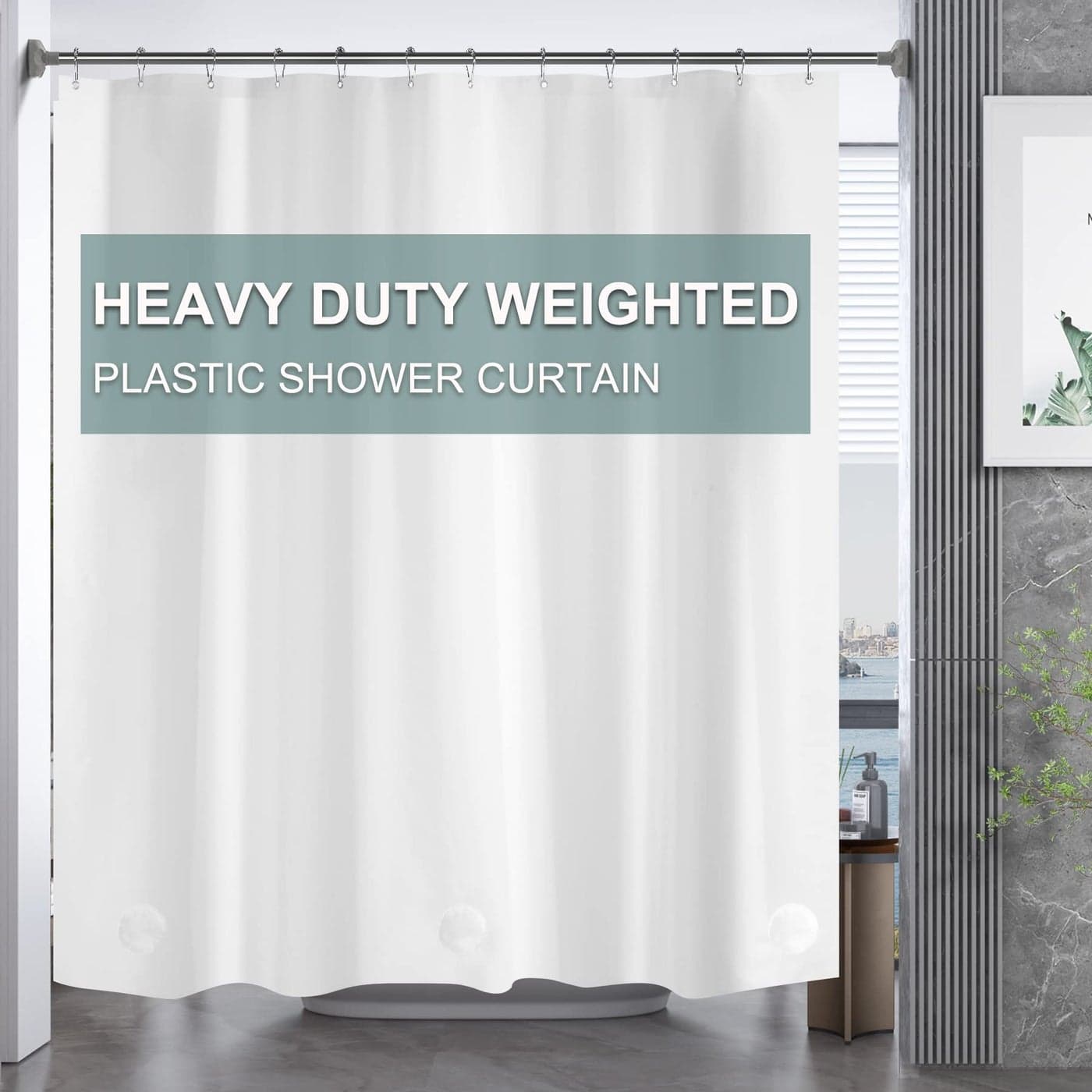 AmazerBath Plastic Shower Curtain 84 Inches Long, 72 x 84 White Weighted Extra Long Shower Curtain, PEVA Heavy Duty Tall Bathroom Curtains with 3 Big Clear Weighted Stones and 12 Grommet Holes
