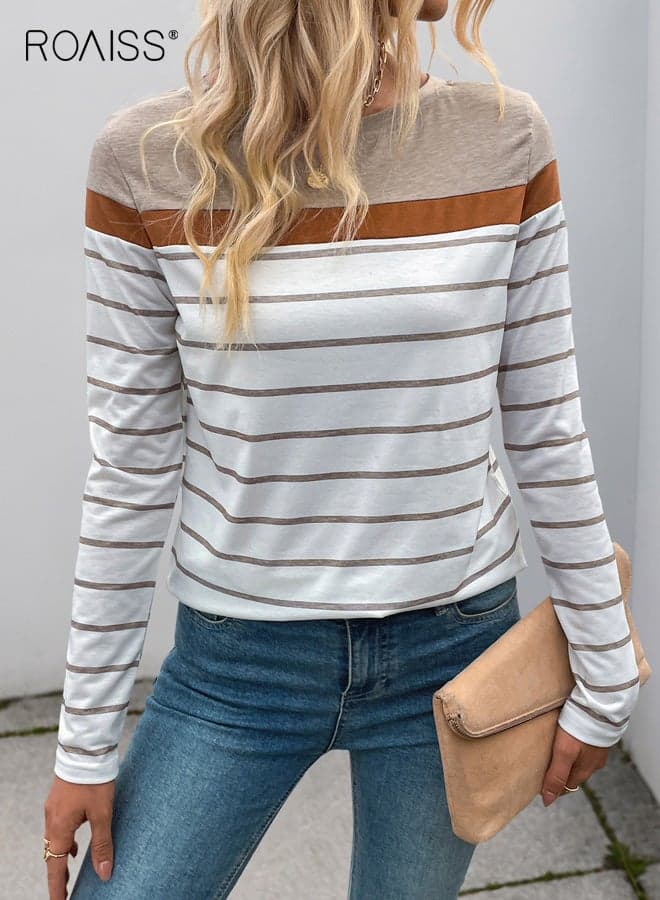 Women's Crewneck Sweatshirt Casual Minimalist Striped Contrast Top Basic Style Polyester Pullover Essential for Everyday Wear, Khaki