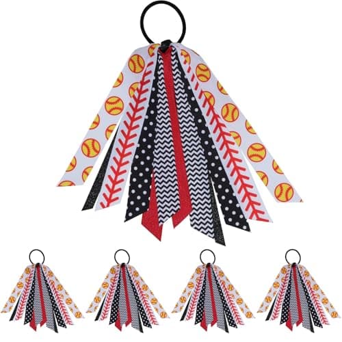 YKW 5 Pack Softball Hair Ties Ribbon Ponytail Holder for Girls Sports Team Accessories with Baseball Stitching Pattern Scrunchies Streamers Hair Bows Gift Set for Players Fans Mom Softball