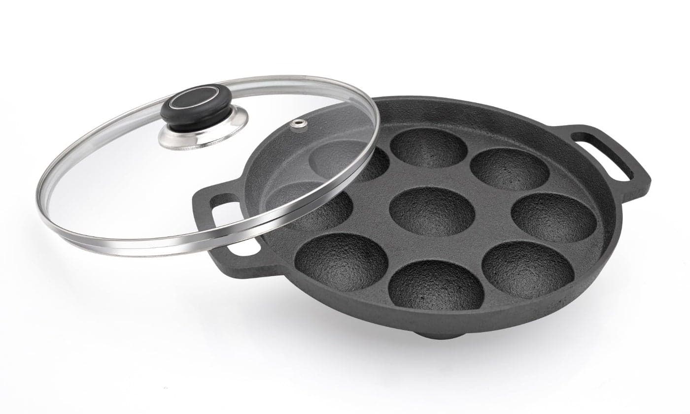 Sowbaghya Pre-Seasoned Cast Iron Paniyaram Pan with Glass Lid (9 Pits) | High Heat Retention | Ideal for Gunta Ponganalu & South Indian Cooking | Durable & Versatile