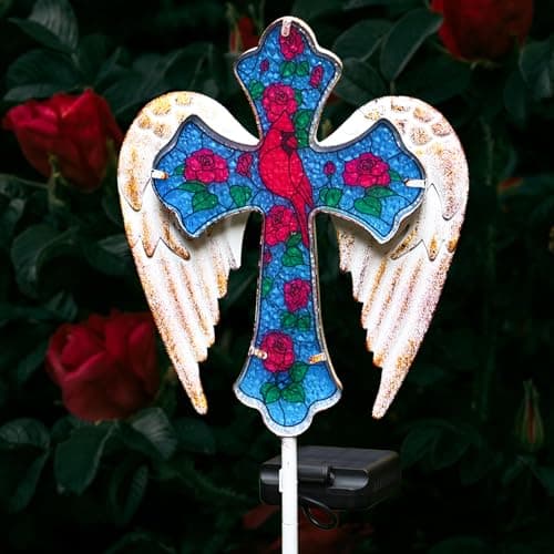 YJFWAL Cardinal BirdRose Cross Garden Stake Light Solar Glass Cross for Cemetery Grave Easter Cross Angel Wings Sympathy Memorial Gifts Garden Lawn Yard Patio Decor