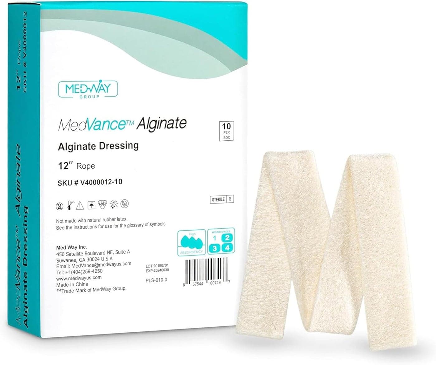 Medvance Absorbent Calcium Alginate Wound Dressing Waterproof Non Stick Pad wFast Hydrophilic Gelling Easy Apply Remove Sterile Pads Wound Care wFlat Pad Rope 4x12 Box of 10
