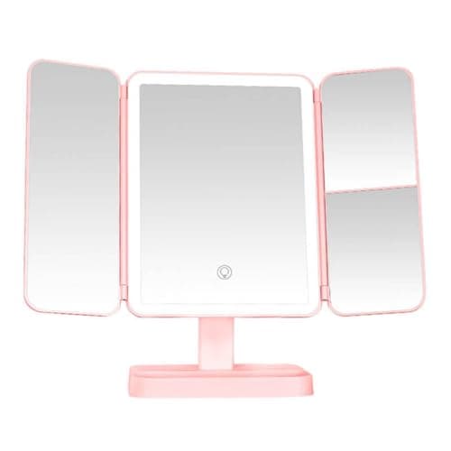 NYRWANA Trifold Makeup Mirror with Lights | 74 LED Vanity Mirror with 3 Color Modes & Touch Dimming | 1X/3X/5X Magnification | 2000mAh Rechargeable | Travel Mirror Gift for Women (Pink)