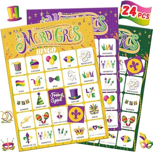 Fenkysoix Mardi Gras Bingo for Kids with 24 Players Cards for FamilySchool Classroom Activities Mardi Gras Games Bingo Treats Supplies Favors