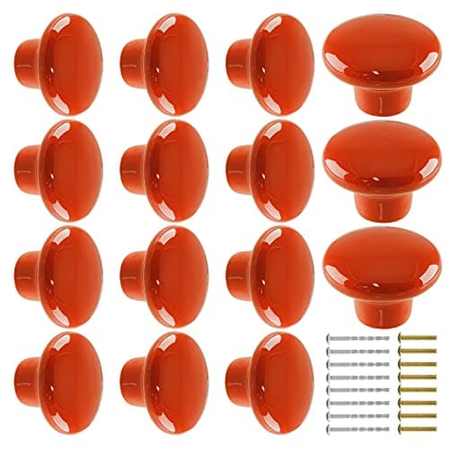 Qjaiune 15pcs Ceramic Cabinet Knobs Orange Drawer Knobs, Round Shaped Dresser Knobs Cute Kitchen Cabinet Pull Handles, Small Vanity Knobs Hardware Closet Cupboard Knobs for Kids Girls Boys Bedroom