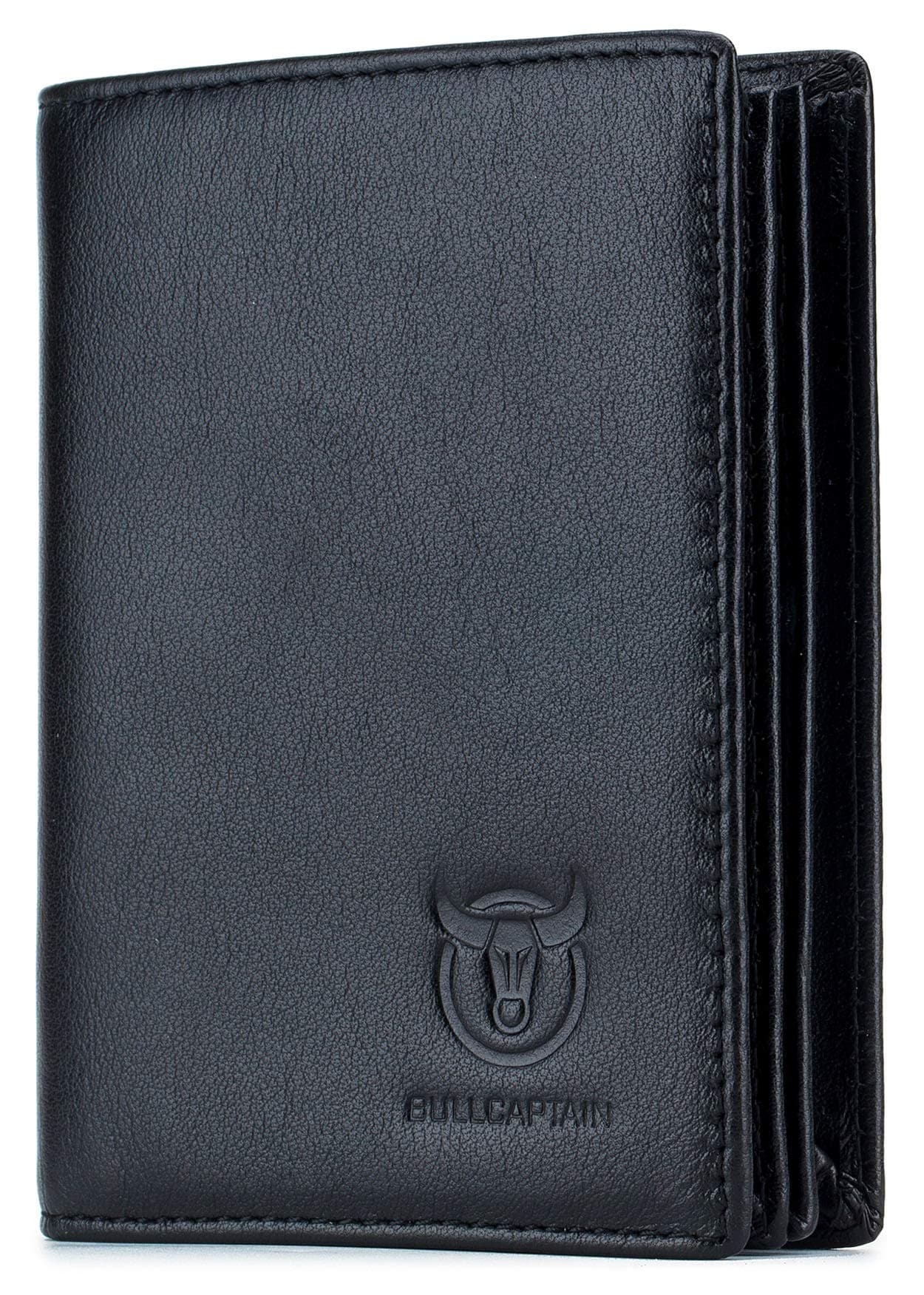 BULLCAPTAIN Genuine Leather Men Wallet RFID Blocking Bifold Wallets ID Window Credit Card Holder (Black)