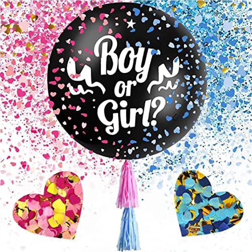 Gender Reveal Confetti Balloon Party Supplies Decoration Kit 2 Pack 36 Inch Big Black Balloons Pink and Blue Heart Shape Confetti Packs Pink and Blue Tassels Boy or Girl shower Black