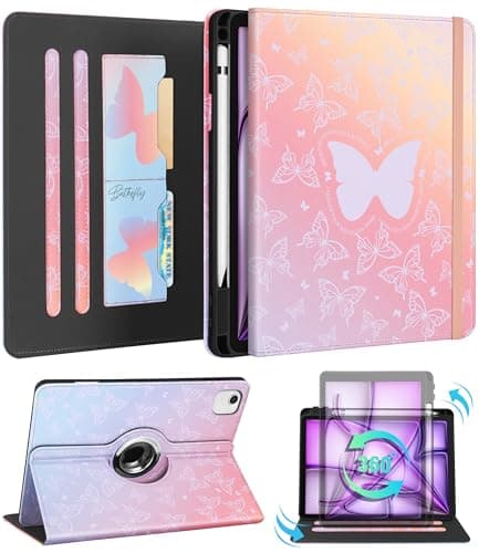 Kidcube for iPad Air 13 Inch Case (M3/M2)/for iPad Pro 12.9 Cases 6th/5th (2022/2021) - Women Girls Cute Rotating Stand Folio Cover with Pencil Holder & Card Slot Design Girly Kawaii Butterfly Cover