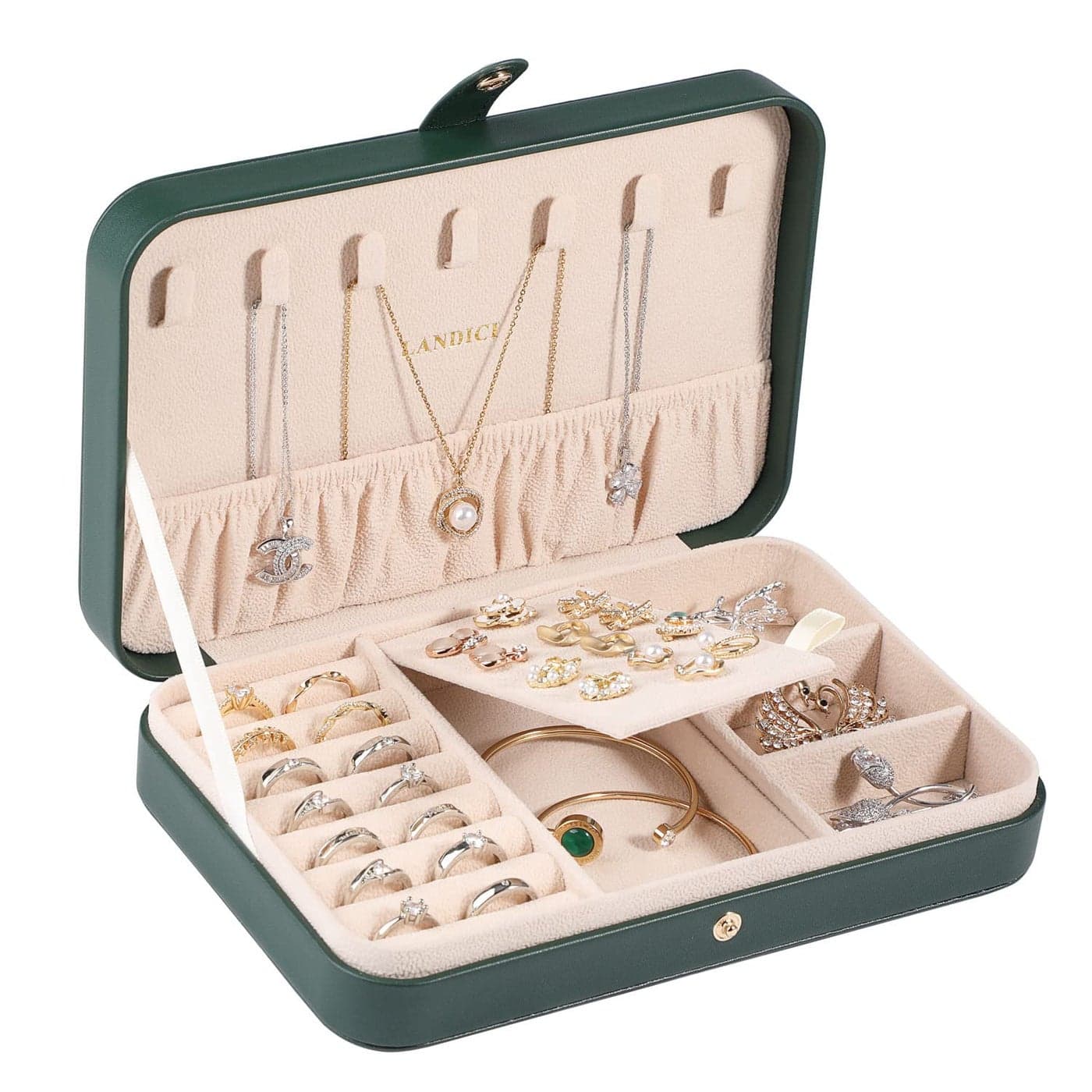 LANDICI Small Jewelry Box for Women Girls PU Leather Travel Jewelry Organizer Case Jewellery Storage Holder Display for Ring Earrings Necklace Bracelet Bangle Watch Men Kids Gift Blackish Green
