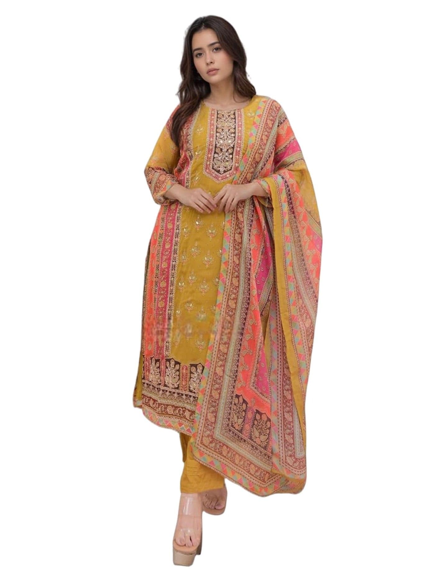 BHARVITA Women's Sequence Work Printed Pattern Cotton Blend Kurta Pant Dupatta Set with Round Neck 3/4 Sleeve Calf Length and A-Line Style Mustard