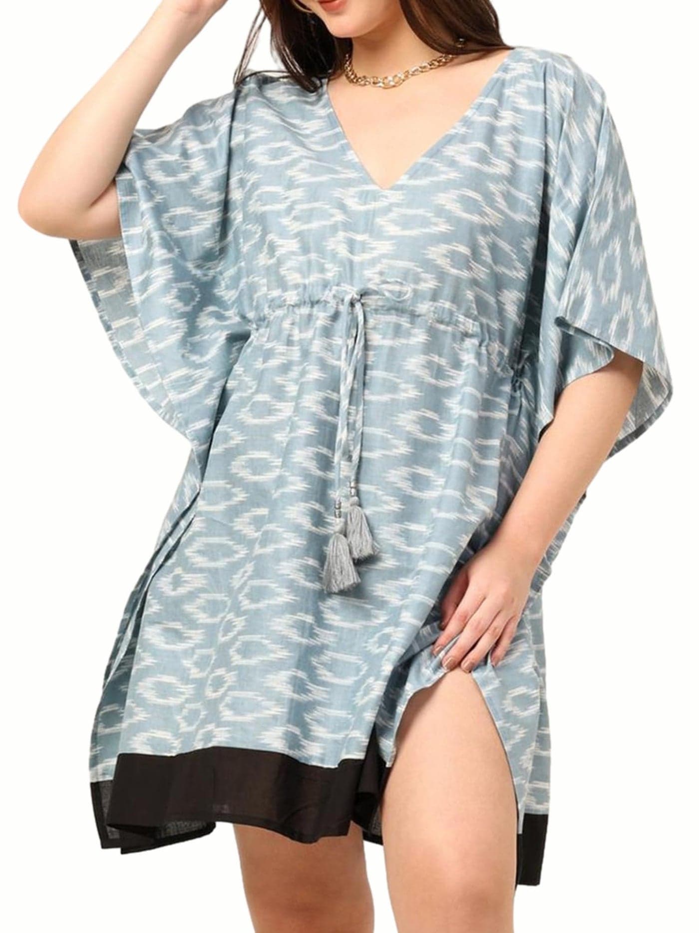 KE KANHA EXPORTS Kaftan Dress|kafthan dress for women|kaftan kurti for women|beach wear dress for women|Boho Beach|Border Print Drawstring Tassel|Printed|Easily fits M TO XXL|Bust32-42in Length36in