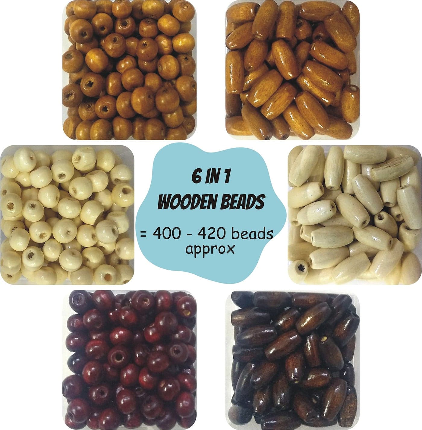 INDIKONB 400 pcs Wooden Beads for Jewelry Making, Art and Craft | Beads for Craft for Girls and DIY(8 mm Natural Plain Round Wood Beads & Long Bead | Wooden Beads - Plain |