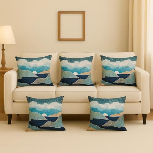 FABANE Jute Cushion Cover 18x18 Inch – Set of 5 Decorative Throw Pillow Covers for Sofa, Couch or Bed – Designer Printed Square Cushion Covers – Home Décor (Blue Moon)