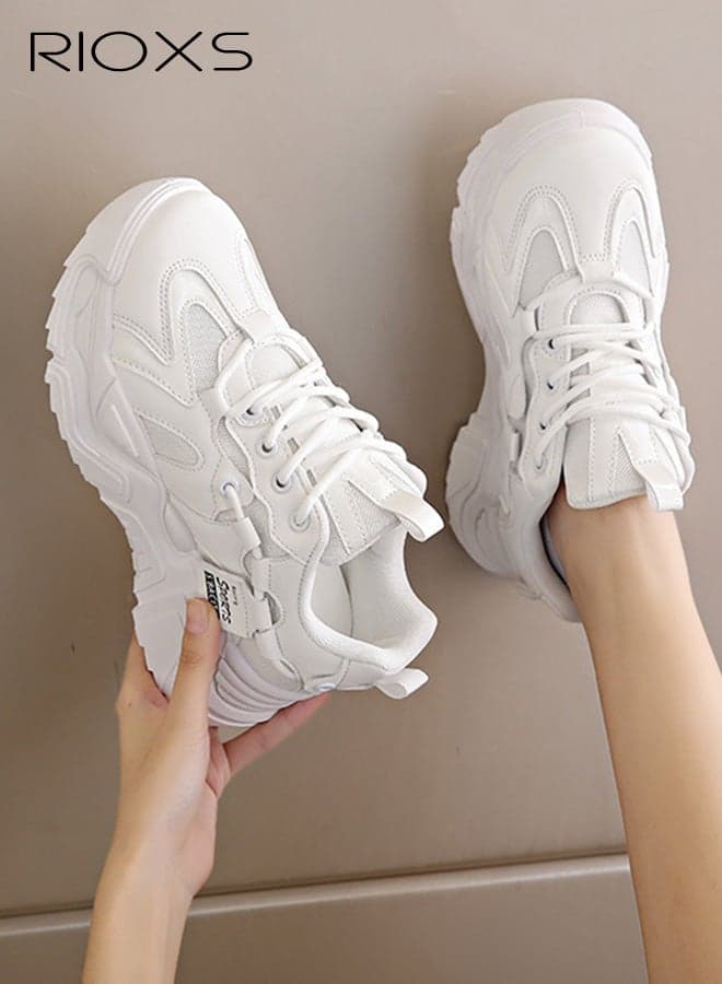 Chunky Sneakers for Women, Fashion Thick-soled Daddy Sneakers, Classic Lace-up Women's Sport Shoes, Breathable Athlesiure Shoes for Ladies, Lightweight Anti-Slip Running Shoes, Women's Trainers Comfort Tennis Footwear, Stylish Shoes for Streetwear and Daily Outfits, Ladys Chic White Sneakers