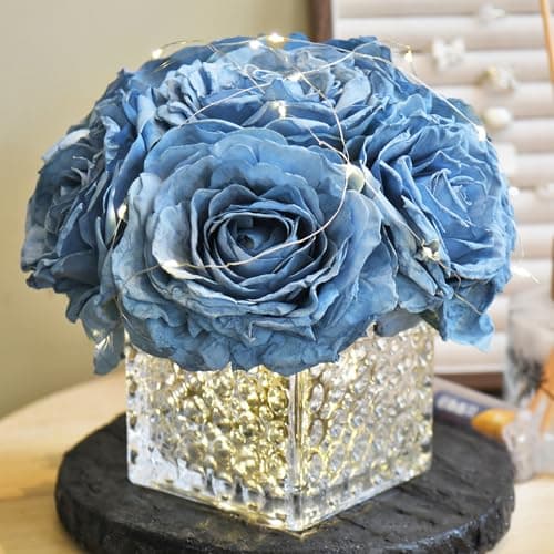 YSZL Artificial Rose in Glass Vase Vintage Silk Flower Arrangement with LED Light for Table Centerpiece Home Wedding Decoration Dusty Blue