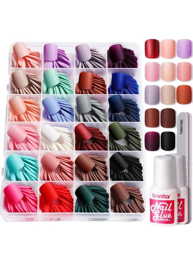 Short Square Press on Nails, 576pcs Matte Short Fake Nails with Nail Glue, 24 Colors