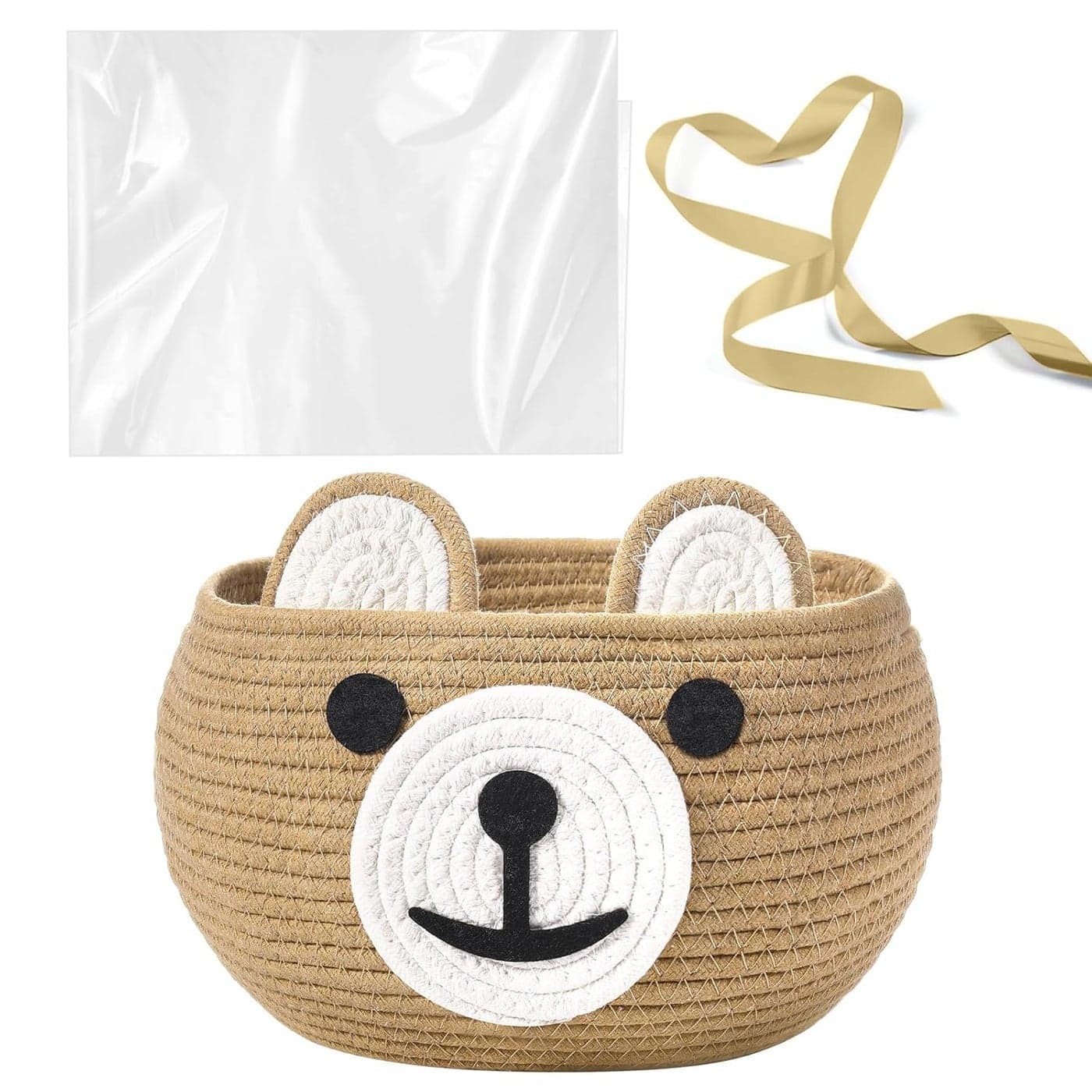 Zopeal Baby Basket for Nursery with Gift Bags and Ribbons Cotton Rope Woven Bear Gift Basket with Handles for Living Room Bathroom Storage Organizing Decoration 105 D x 85 HKhaki