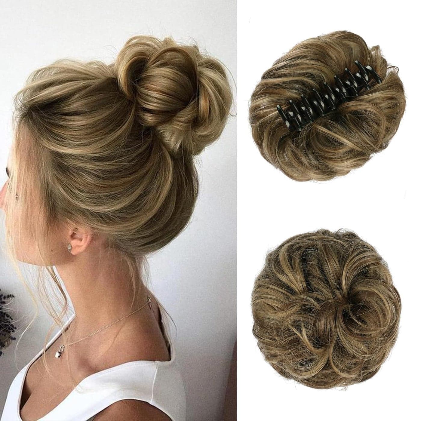 SOFEIYAN Claw Clip Messy Bun Hair Piece Wavy Curly Hair Bun Clip in Claw Chignon Ponytail Hairpieces Synthetic Tousled Updo Hair Extensions Scrunchie Hairpiece for Women, Golden Brown & Light Blonde