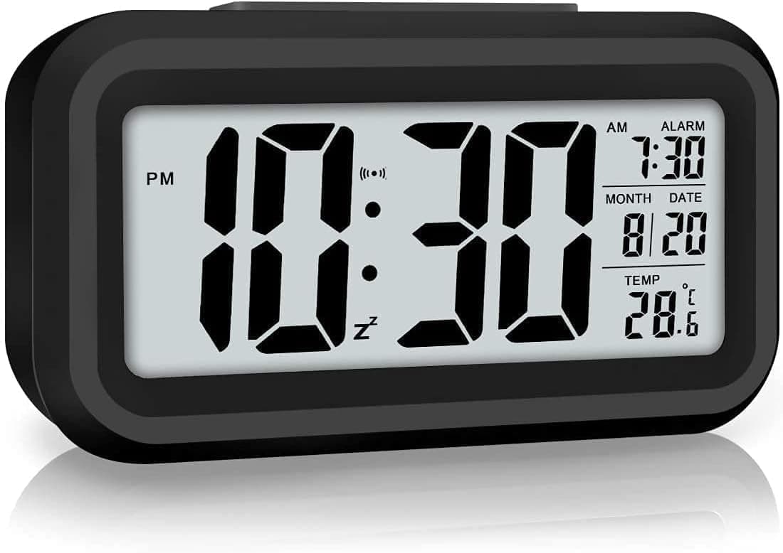 SUEFOR Digital Alarm Clock with Automatic Sensor, Date and Temperature Display, Compact Desk Table Clock for Students, Home, Office, Bedroom, Living Room,Home Decor, Corporate Use (Black Digital)