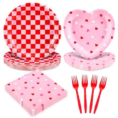 FYSUIMU 96 Pcs Valentine's Day Tableware Sets Serves 24 Red Pink Heart Plaid Paper Plates Napkins Forks Disposable Dinnerware for Galentine's Day Wedding Anniversary Engagement Party Supplies